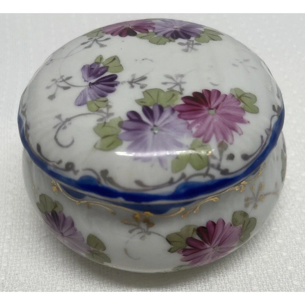 Vintage Covered Trinket Box w/ Lid Hand Painted Flowers Gift Decor Cottagecore